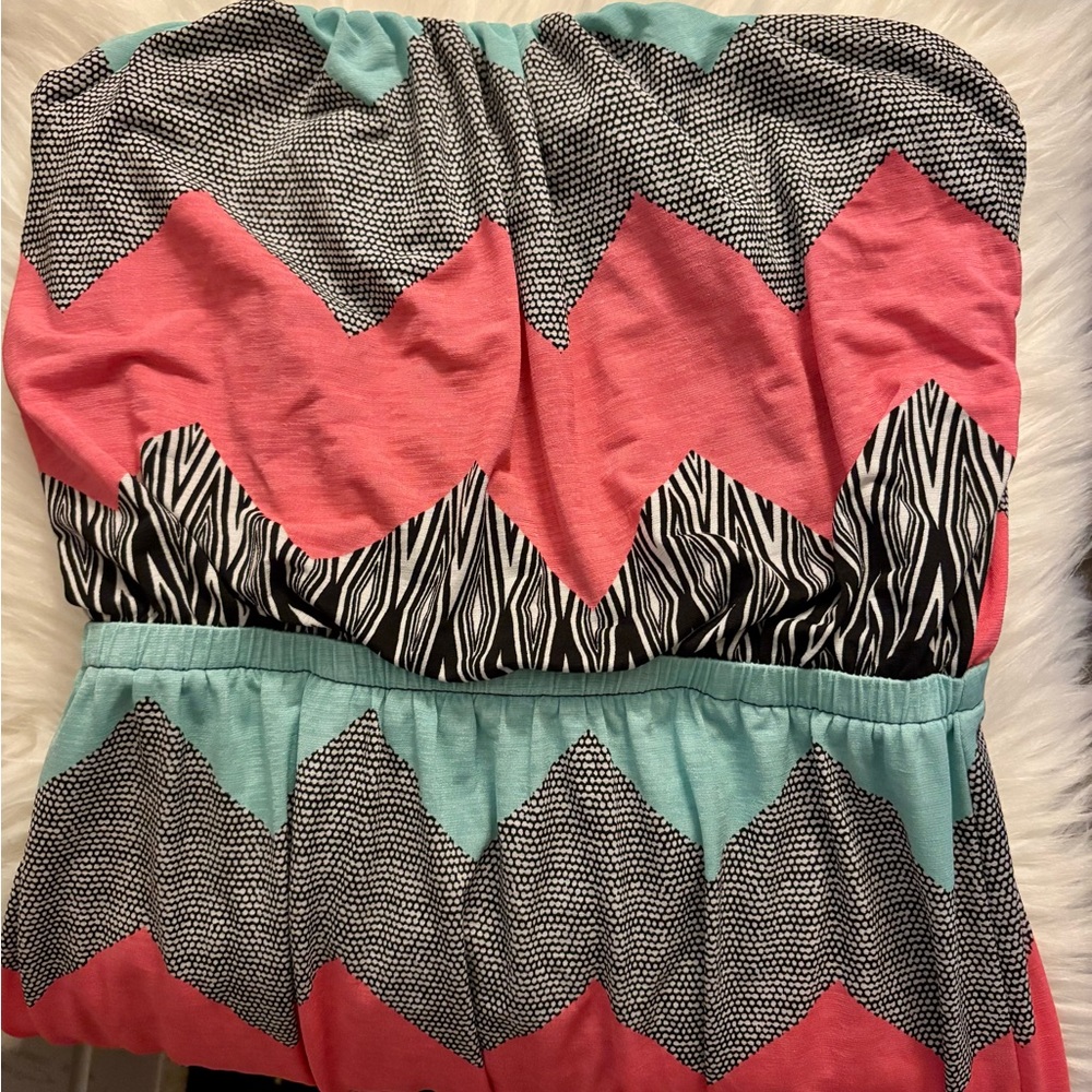 Strapless Chevron Colorblock Dress in Coral, Aqua & Black